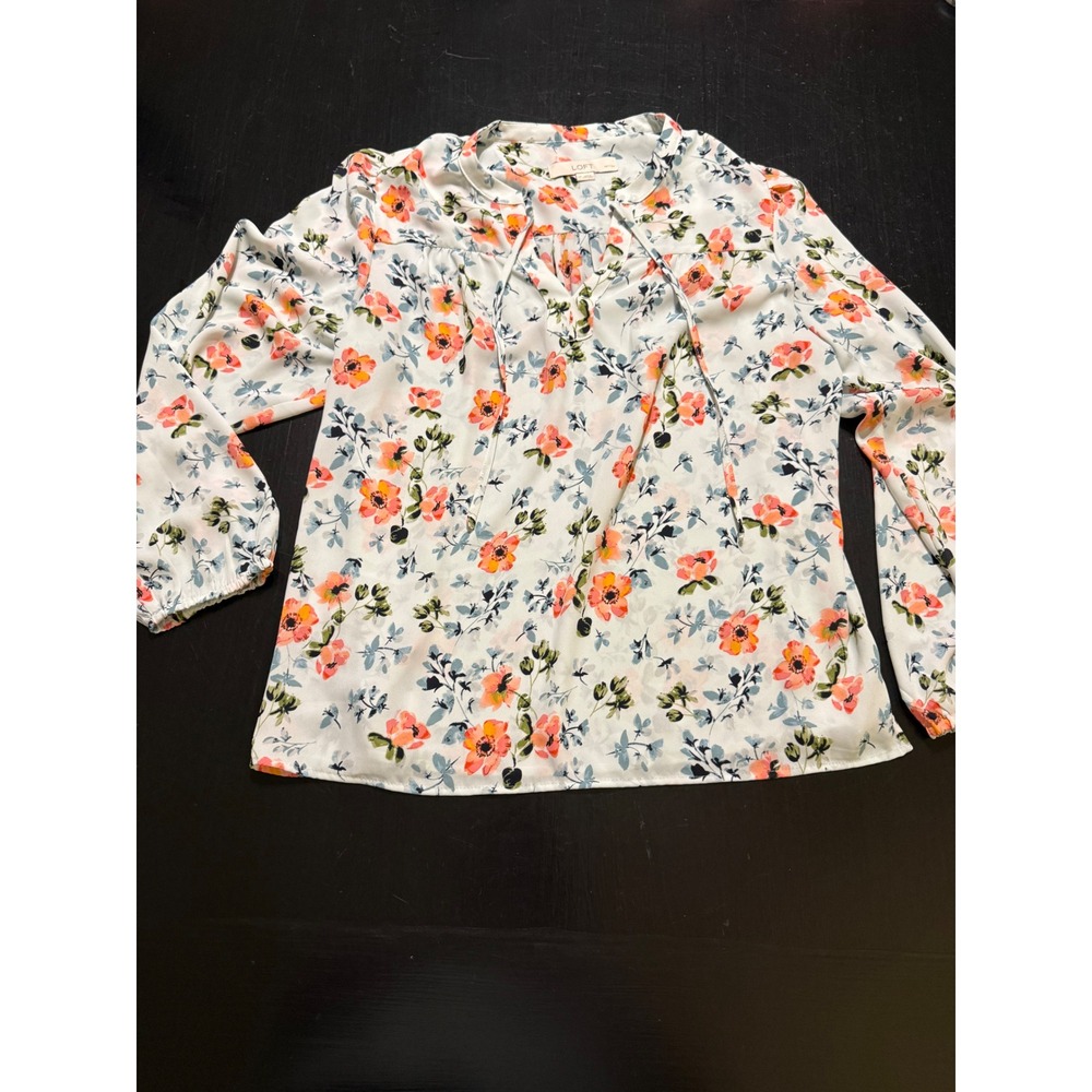 Loft Petites Floral Long Sleeve Tie Neck Blouse Orange Blue White LP